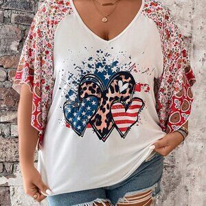 Plus Heart & Floral Print Raglan Sleeve Tee